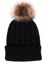 Womens Winter Soft Knitted Beanie Hat with Faux Fur Pom Black - MI-12003