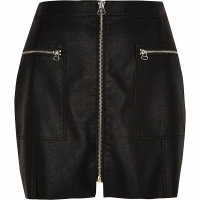 Black Faux Leather Zip Front Mini Skirt - MI-1006
