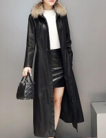 Ladies black leather coat fur collar long jacket - MI-304