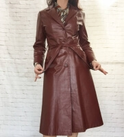 Leather Belted Coat S M Pockets Knee Length Red Brown Burgundy